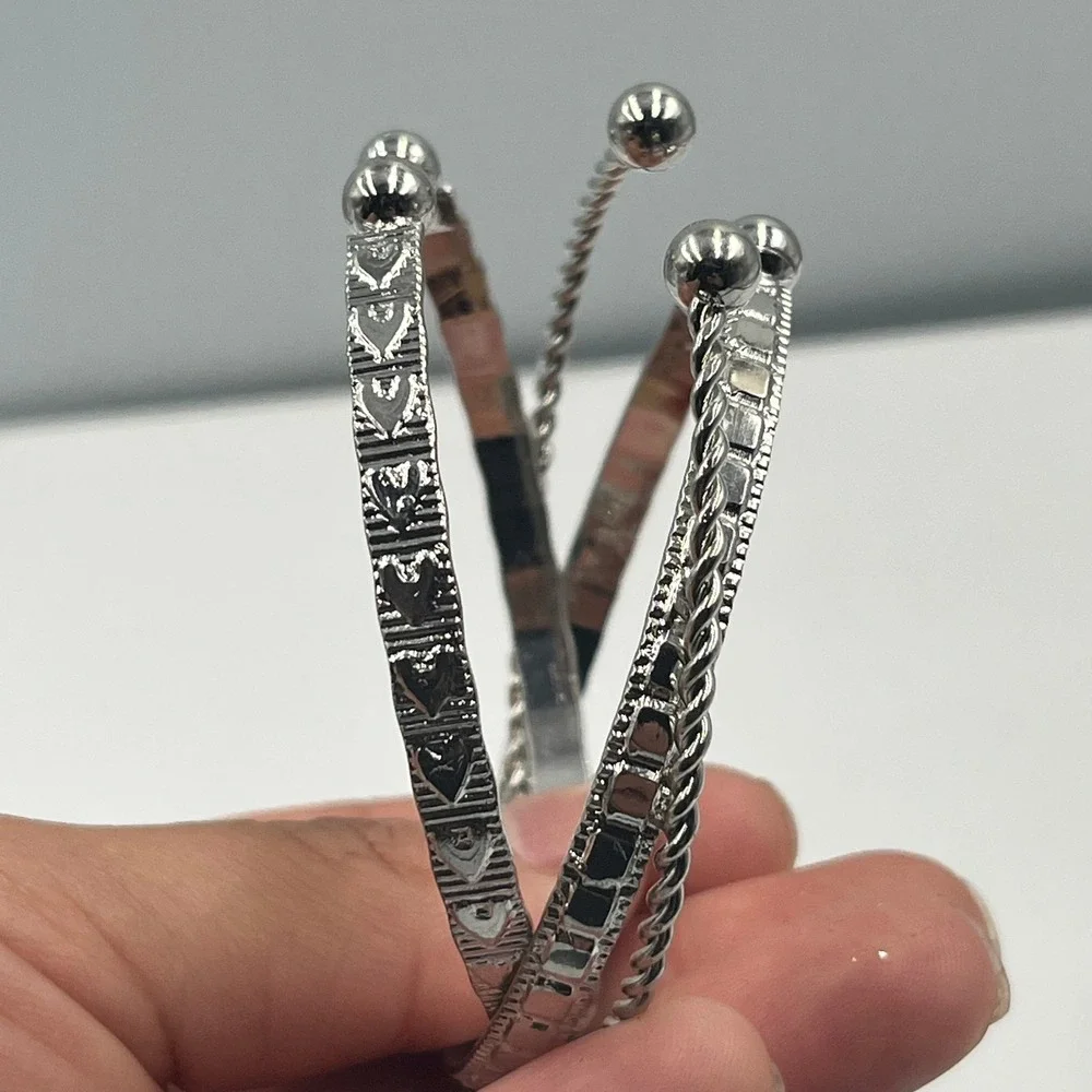 Vintage Set of 3 Silver Tone Cuff Bracelets Textured Twisted Stackable Ball Ends